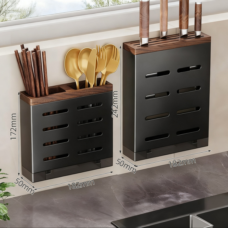 Wall-mounted kitchen rail with hooks