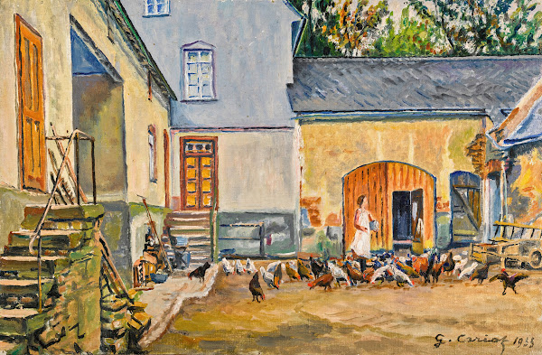 La cour à Müller Frieda et ses poules 1933