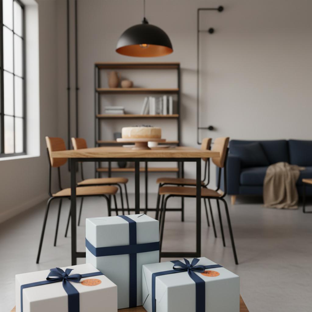 Realistische Wohnzimmer-Szene mit Esstisch, mehreren Gastgeschenken und Vanillekuchen, Detailfokus im Vordergrund – was schenkt man pro person bei einer hochzeit