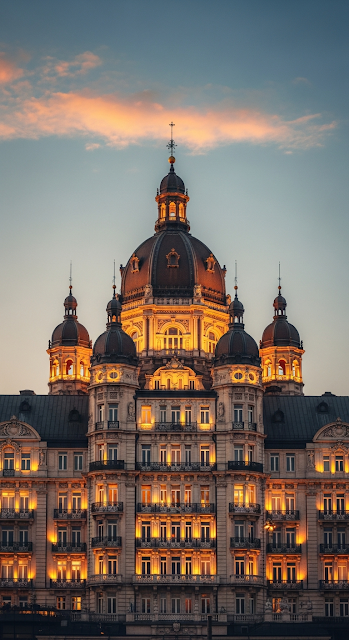 Ornate Baroque Building with Warm Glowing Windows at Blue Hour - Free mobile Wallpaper