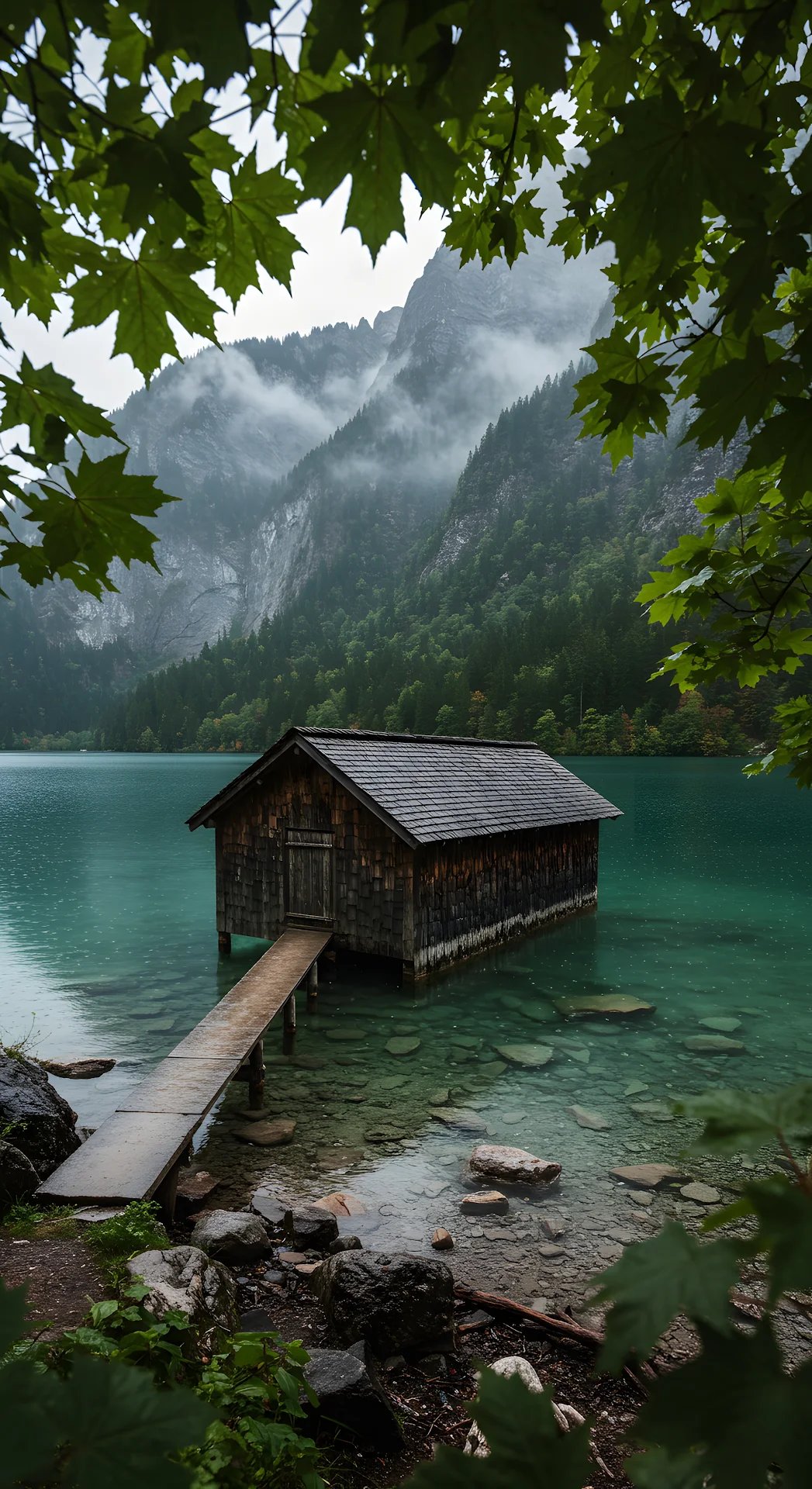 Moody Boathouse on Emerald Lake framed by Maple Leaves - Free 4K mobile Wallpaper
