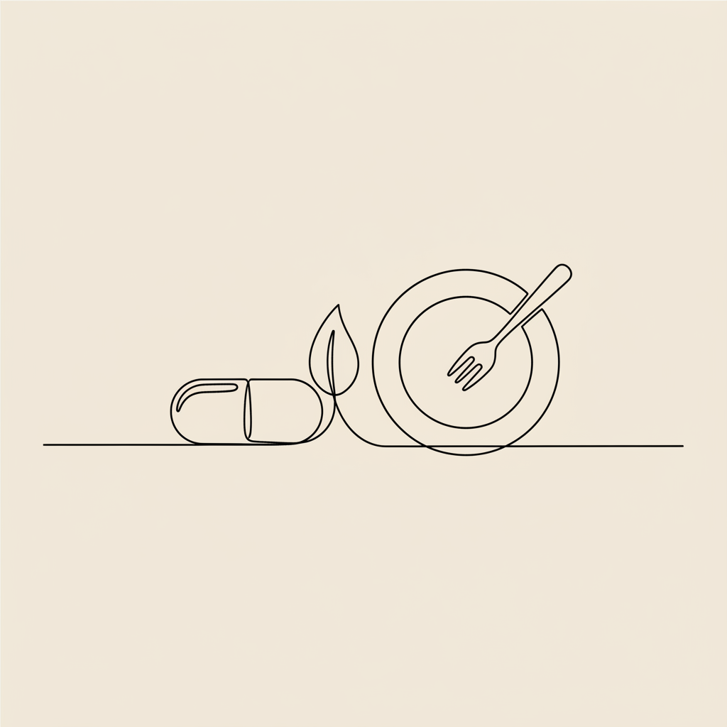 Minimal line-art capsule, leaf, and plate with fork on beige background illustrating Does CLA burn belly fat