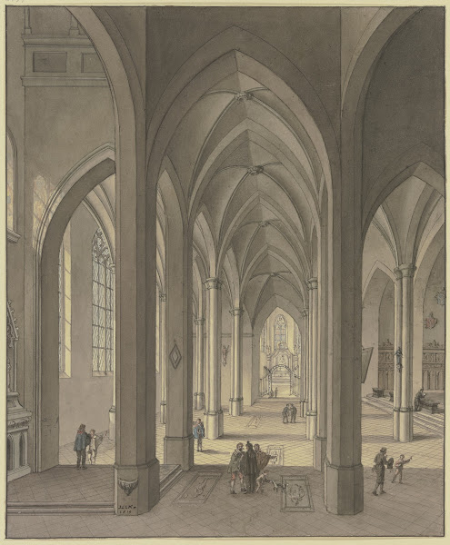Blick in den Chor einer dreischiffigen gotischen Hallenkirche mit Staffagefigure