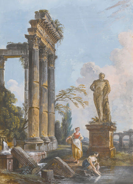 A View Of A Ruined Temple With Washerwomen