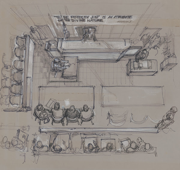Overhead view of courtroom at New York State Supreme Court Brooklyn