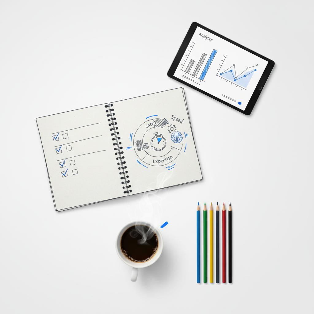 Top-down minimalist workspace sketch with a notepad showing hand-drawn boxes comparing cost, speed, expertise (icons), tablet with analytics, coffee cup and colored pencils &mdash; disadvantage of using an in-house advertising agency