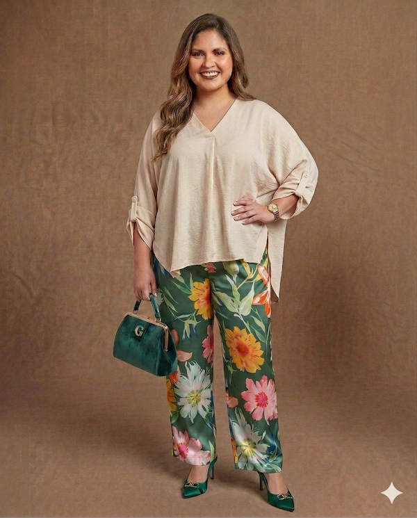 Pantalón en Seda Verde Estampado