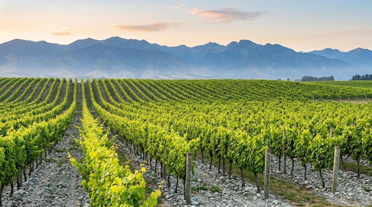 Marlborough Sauvignon Blanc vineyard landscape with sunlit vines, mountains and river-stone soil in New Zealand