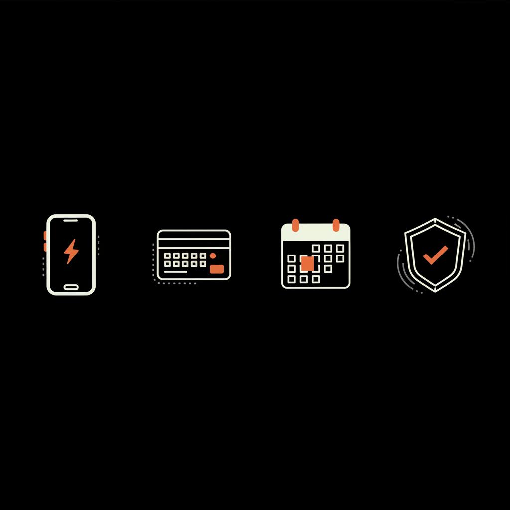 Minimalist infographic with device, backup code, calendar and shield icons on a black background with brand accents, illustrating steps to recover Gmail without phone