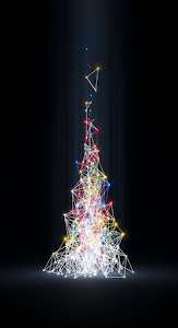 Abstract Digital Network Wireframe with Colorful Glowing Dots on Black Background