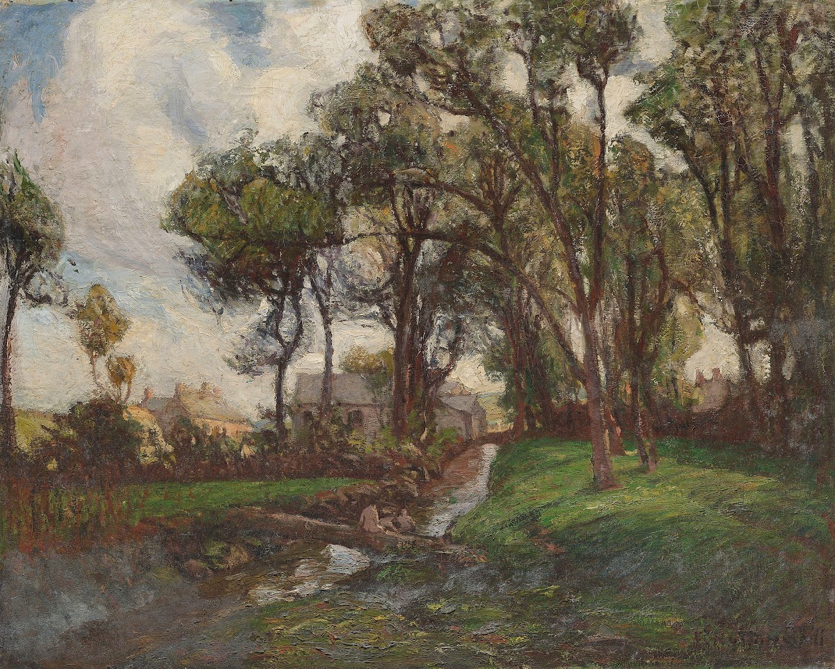 Figures bathing in a stream