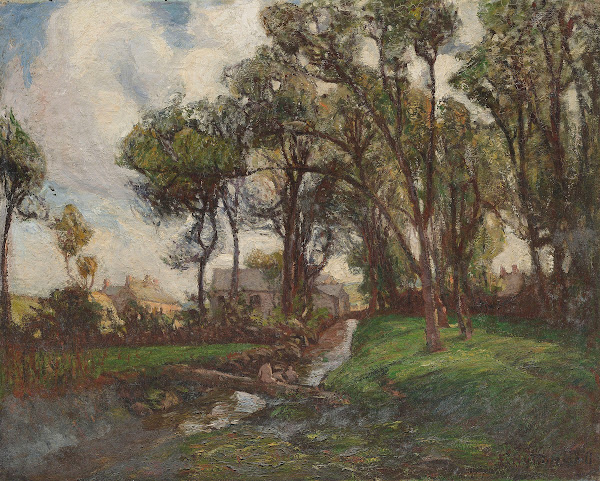 Figures bathing in a stream