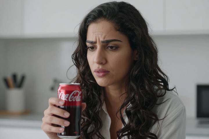 امرأة عربية تفكر بقلق في علبة دايت كولا