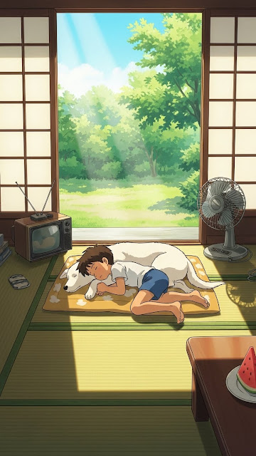 Anime Style Illustration of a Boy and Dog Relaxing Indoors on a Summer Afternoon - Free mobile Wallpaper