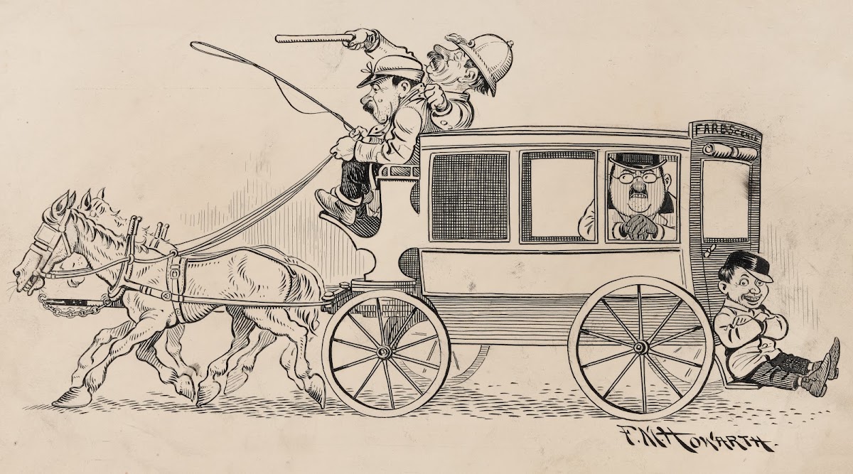 Six comic strip frames of coach driver and mischievous boy Pl6