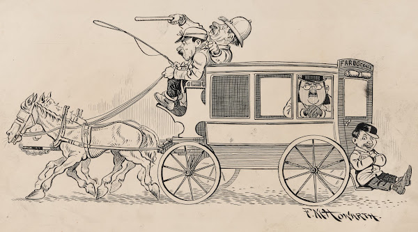Six comic strip frames of coach driver and mischievous boy Pl6