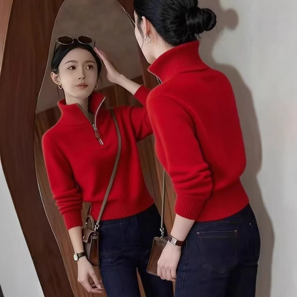 Eleganter Damen-Strickpullover mit halbem Reißverschluss