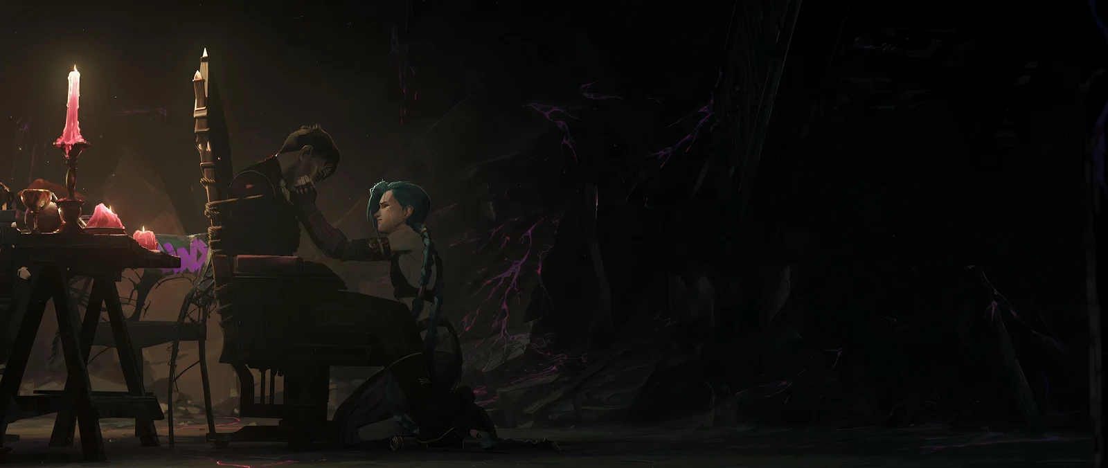 Jinx And Silco Emotional Scene - Digital Animation 2K Wallpaper (3840x1622)