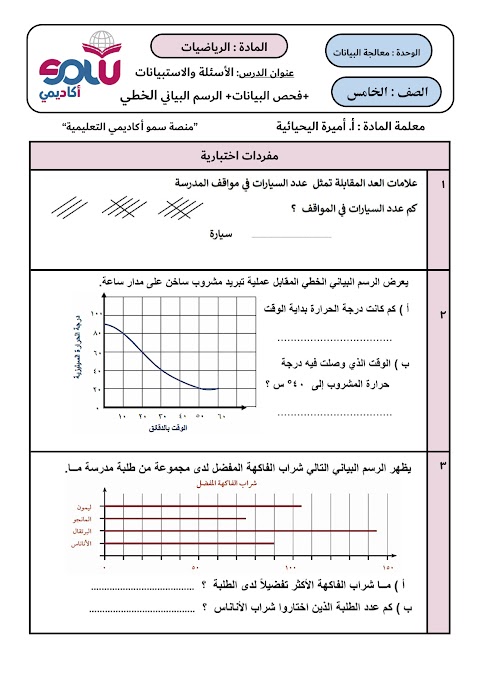 انشطة وأسئلة اختبارية لدروس الأسئلة والاستبيانات و تحليل البيانات و الرسم البياني الخطي - رياضيات الصف 5 الفصل 2