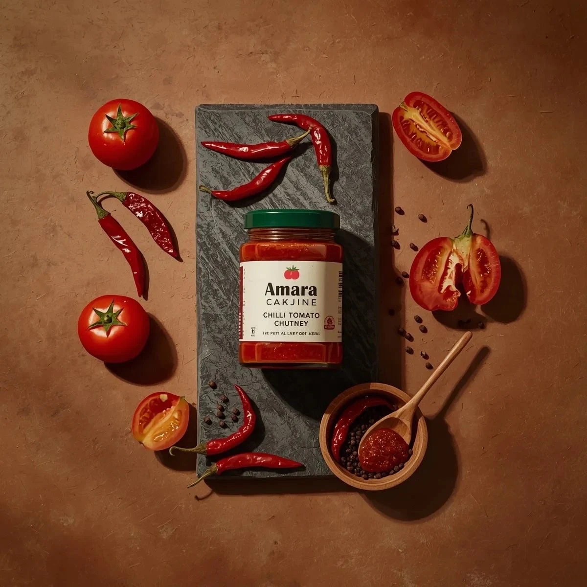 Fotografía gastronómica de alta calidad tomada desde arriba de un frasco de vidrio con chutney de tomate y chile colocado sobre una losa de piedra oscura...