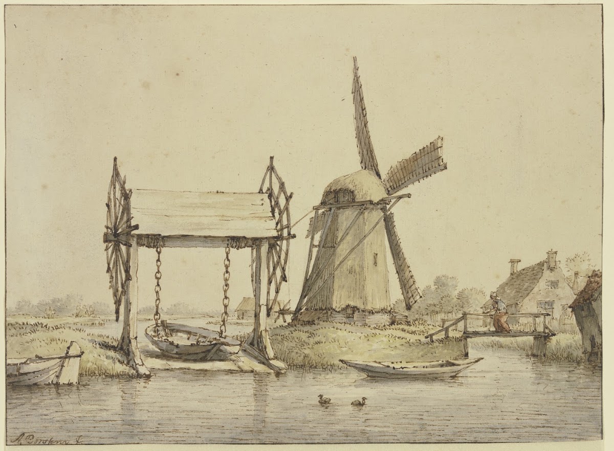Landschaft mit Schiffshebewerk und Mühle