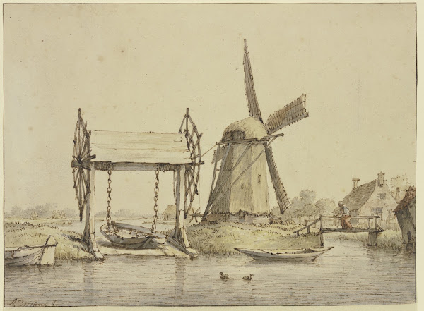 Landschaft mit Schiffshebewerk und Mühle