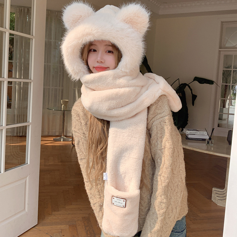 Plush Set: Hooded Scarf with Bear Design