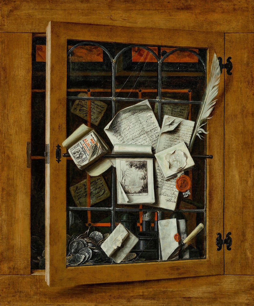 A trompe loeil of an open glazed cupboard door with letters writing implements a