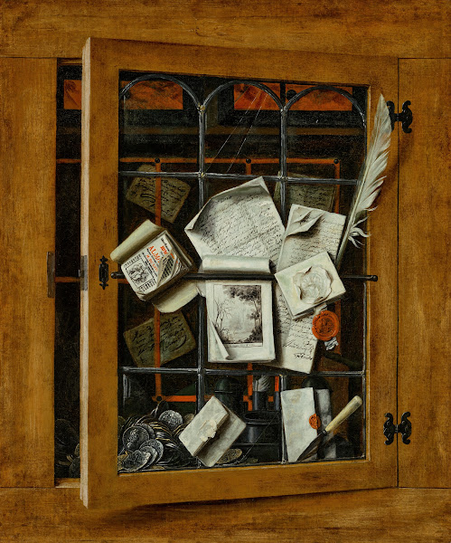 A trompe loeil of an open glazed cupboard door with letters writing implements a