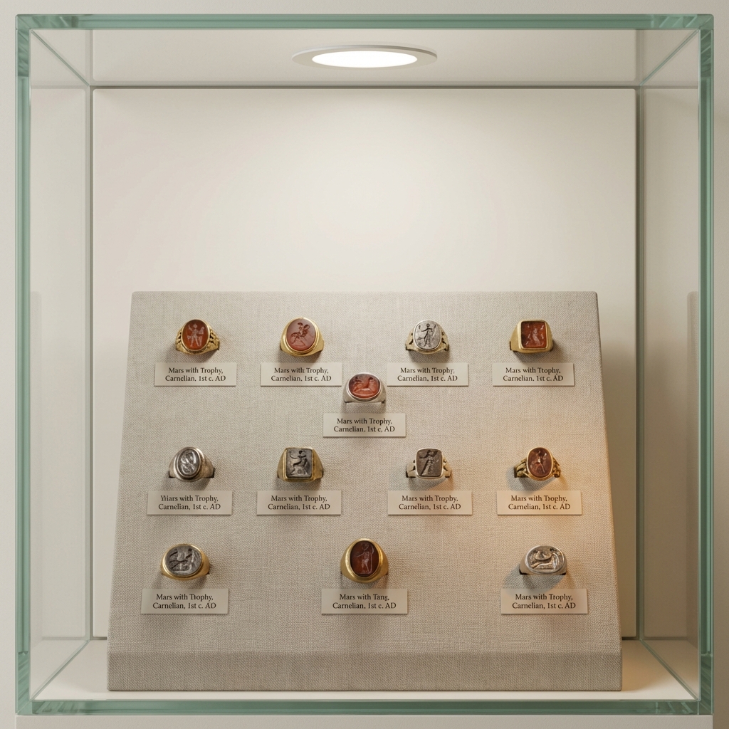Photograph of a museum display case with several roman intaglio ring impressions on a neutral linen pad small catalogue labels and warm accent lighting