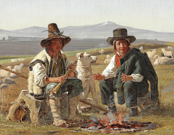 To italienske hyrdedrenge siddende ved ilden 1835