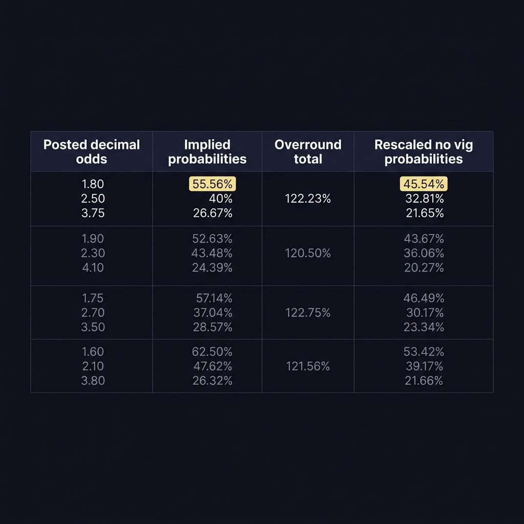 Minimalist full frame spreadsheet screenshot showing posted decimal odds implied probabilities overround total and rescaled no vig odds probabilities on a dark Funded Plays style background