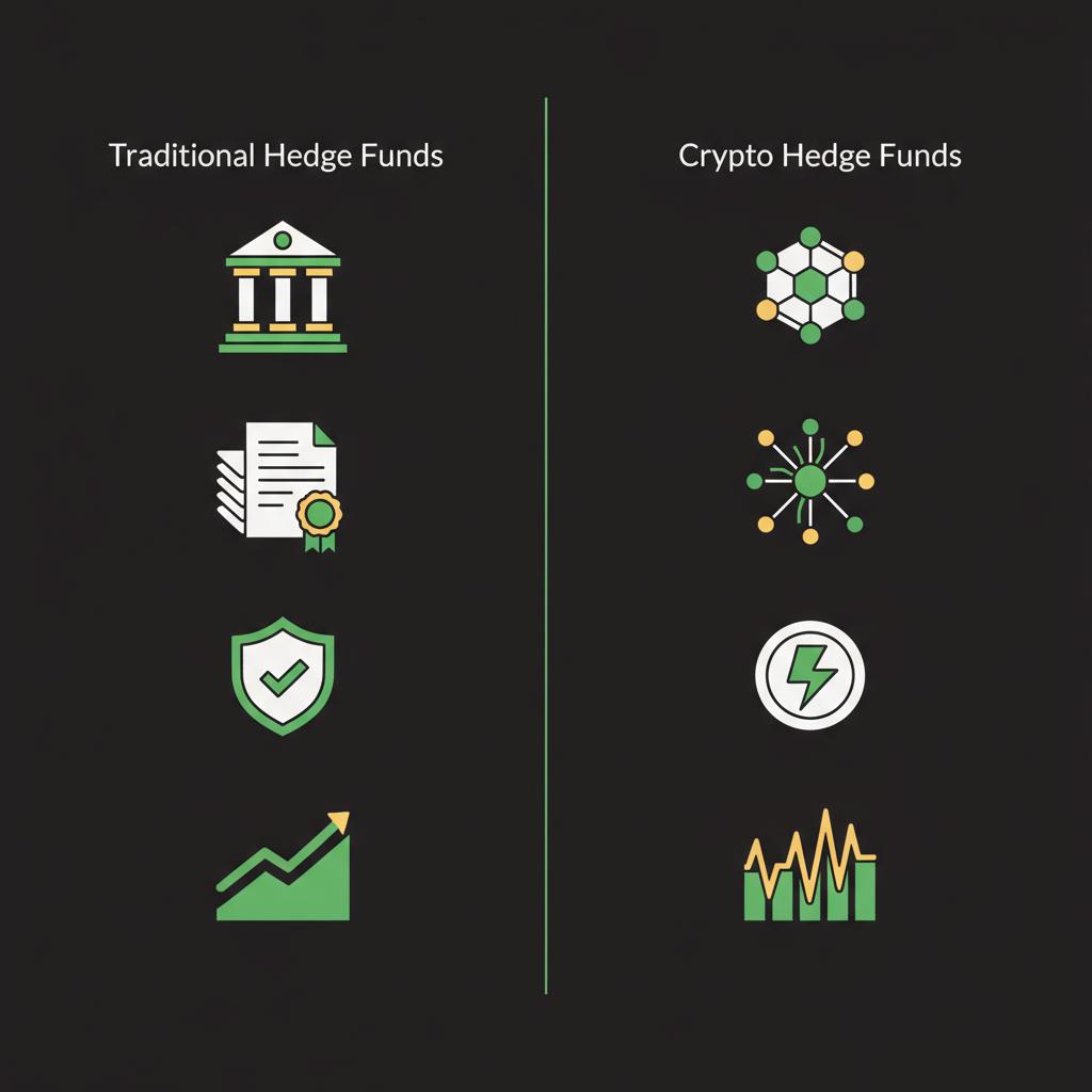 Minimalist 2D vector two column infographic comparing traditional hedge fund features and crypto hedge fund features using icons in Finance Police brand colors crypto hedge fund