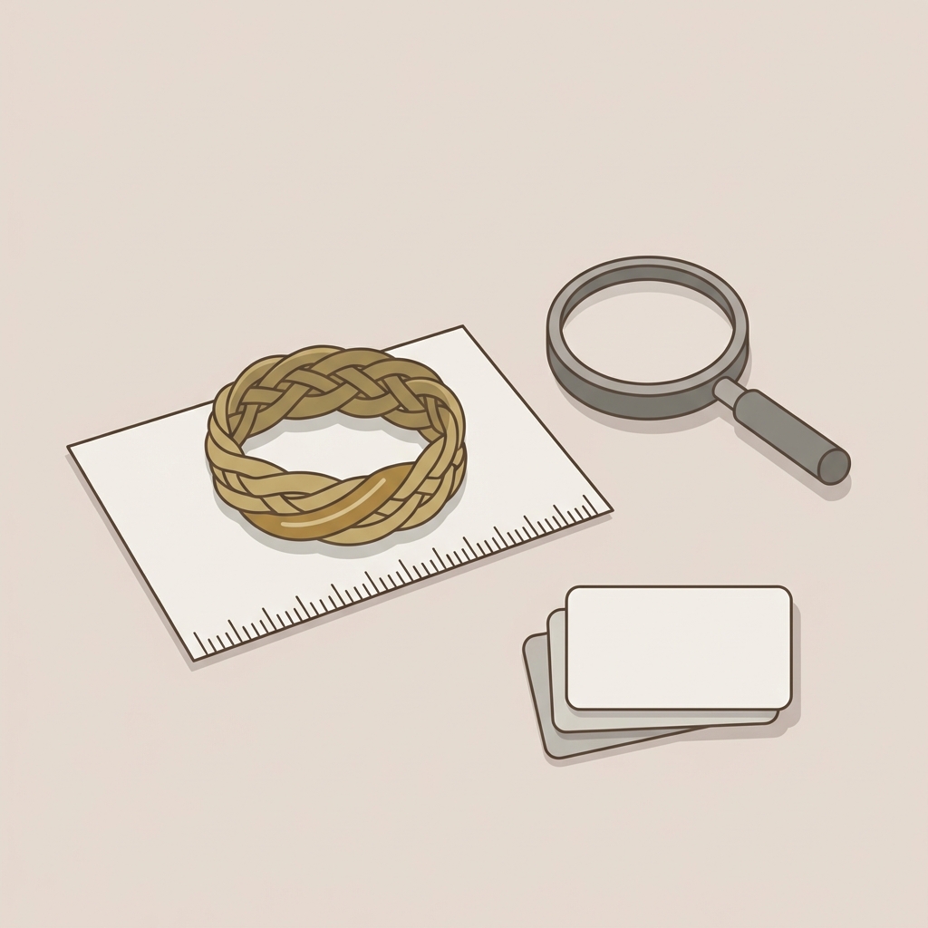 Minimalist 2D vector illustration of a curator desk showing a ring styled like ancient viking rings on measurement paper with a loupe and catalog cards in Aurora Antiqua color palette