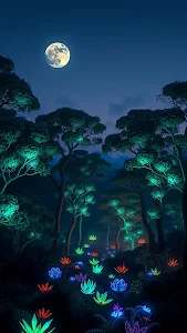 Bioluminescent Forest Under Full Moon Magical Night Scene