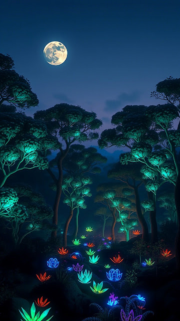 Bioluminescent Forest Under Full Moon Magical Night Scene - Free mobile Wallpaper