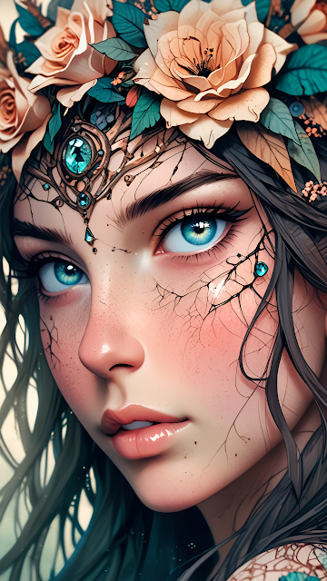 Woman with Floral Crown and Glowing Blue Eyes - Free mobile Wallpaper