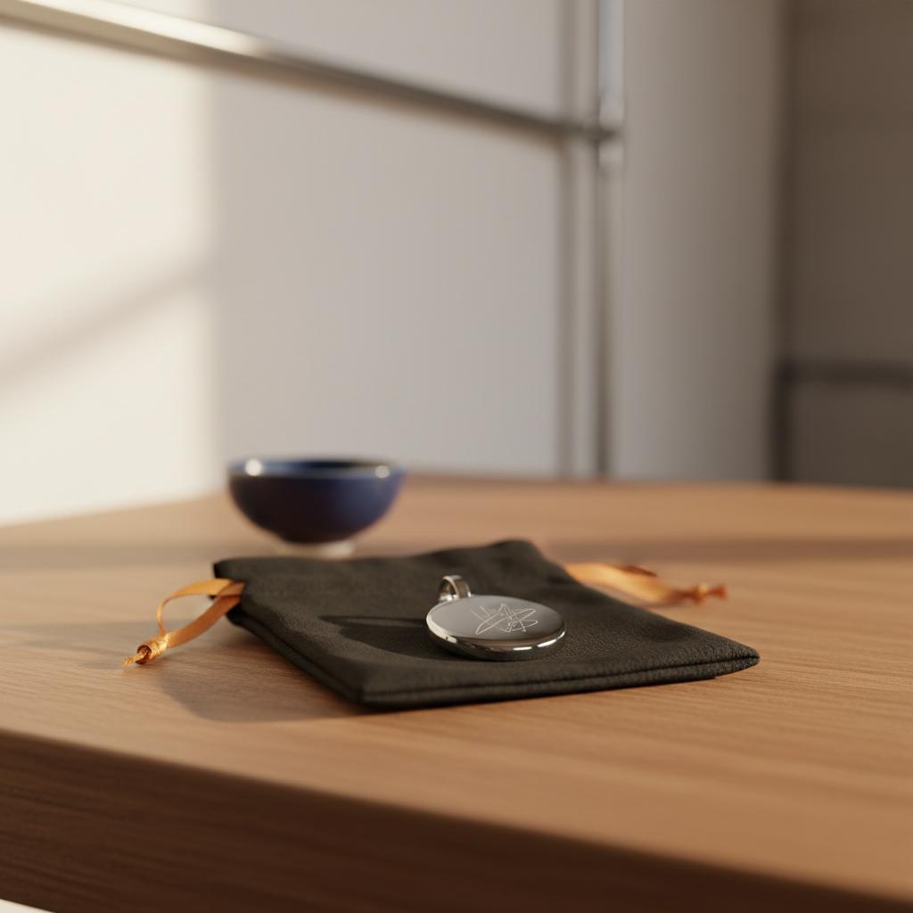 Nahaufnahme eines elegant verpackten Edelstahl-Anhängers auf Holztisch als Geschenk für den Taufpate, warme minimalistische Markenästhetik, sichtbare Gravurdetails.