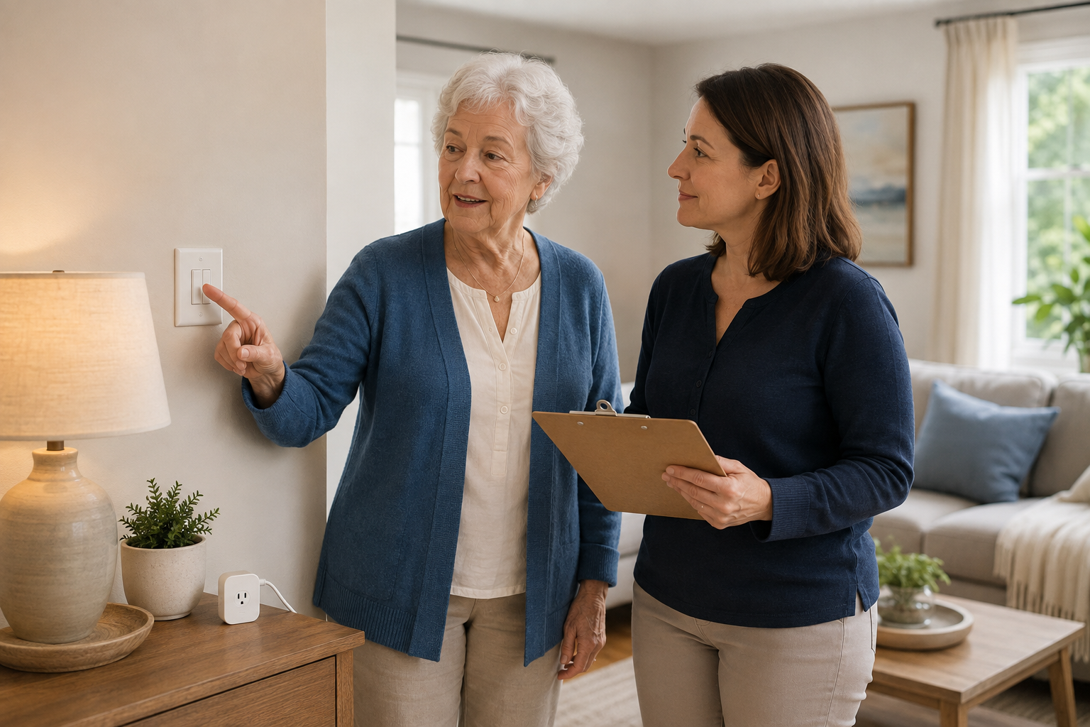 An older woman and an adult family member review a familiar wall switch and table lamp together using a simple home checklist.