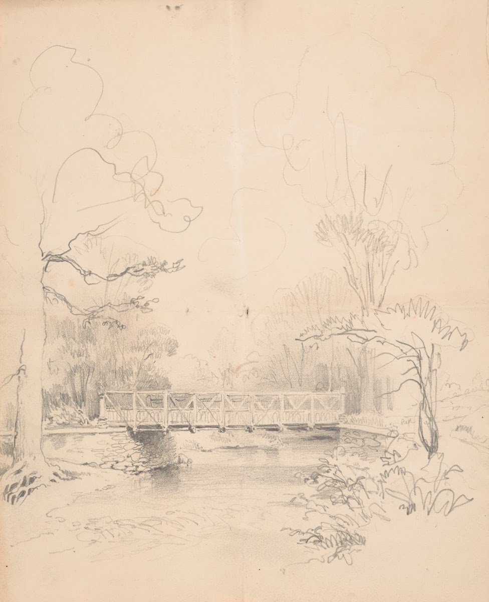 Bridge spanning a stream in the woods 1850 1870