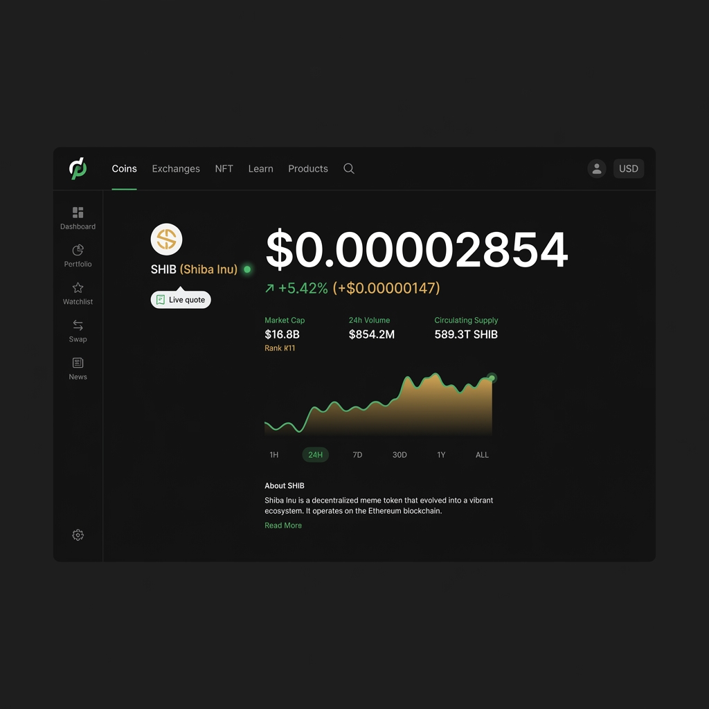 Minimal screenshot style CoinGecko SHIB price page mockup showing highlighted live price and a note icon prompting users to buy shiba inu coin using a live quote