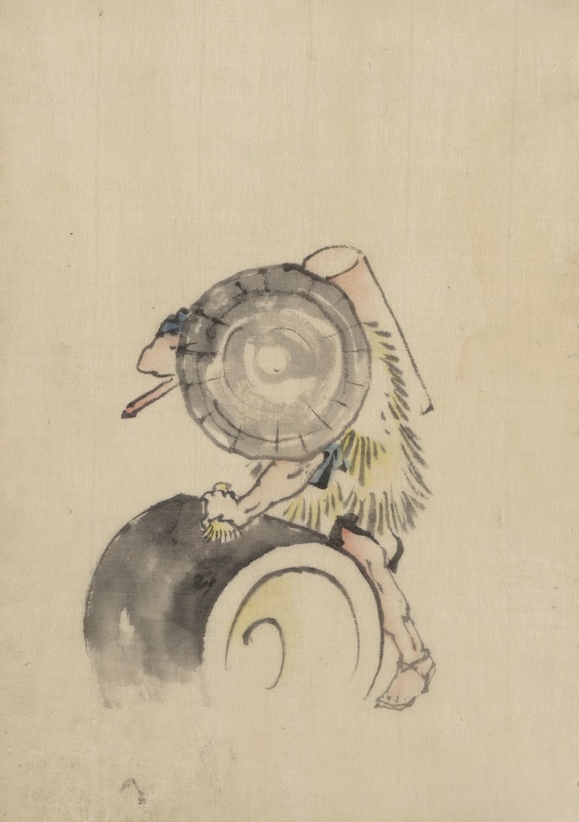 A man wearing a large conical hat and a straw or feather garment 1830 1850