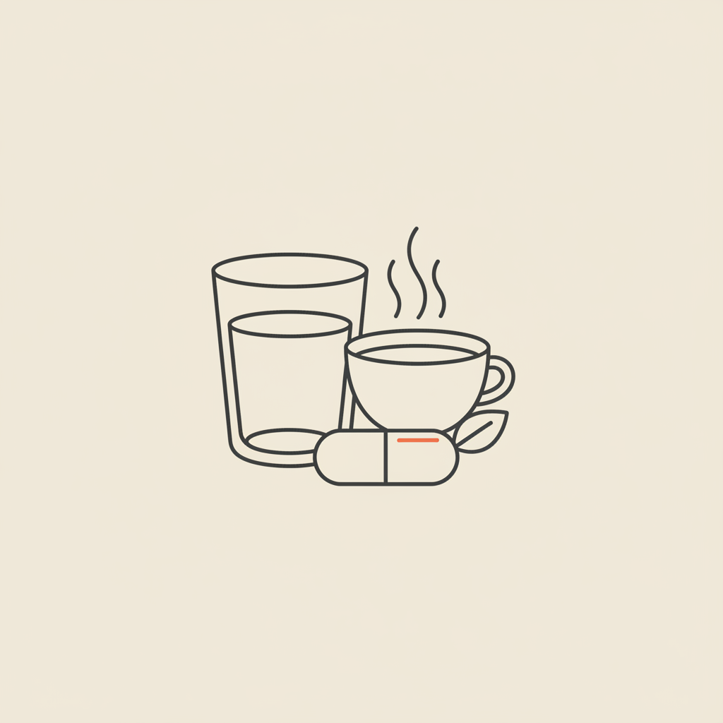 Minimal Tonum-style line illustration of a glass of water, steaming teacup, and capsule with leaf on beige background — what drink burns the most belly fat