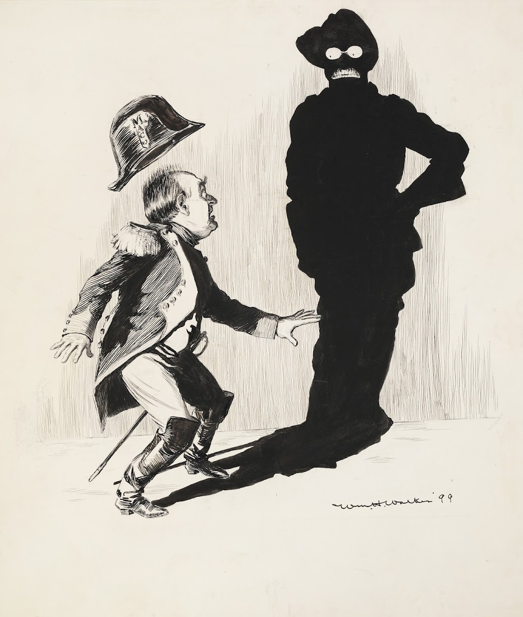A man in a military uniform Mac is scared by his shadow which is shaped like ano
