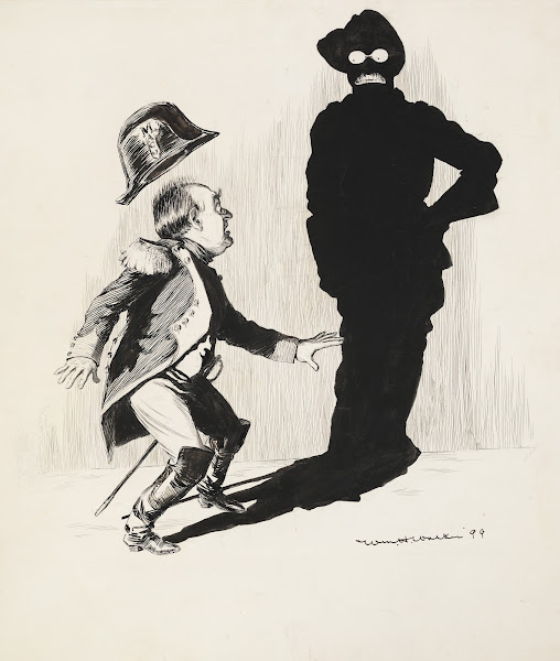 A man in a military uniform Mac is scared by his shadow which is shaped like ano