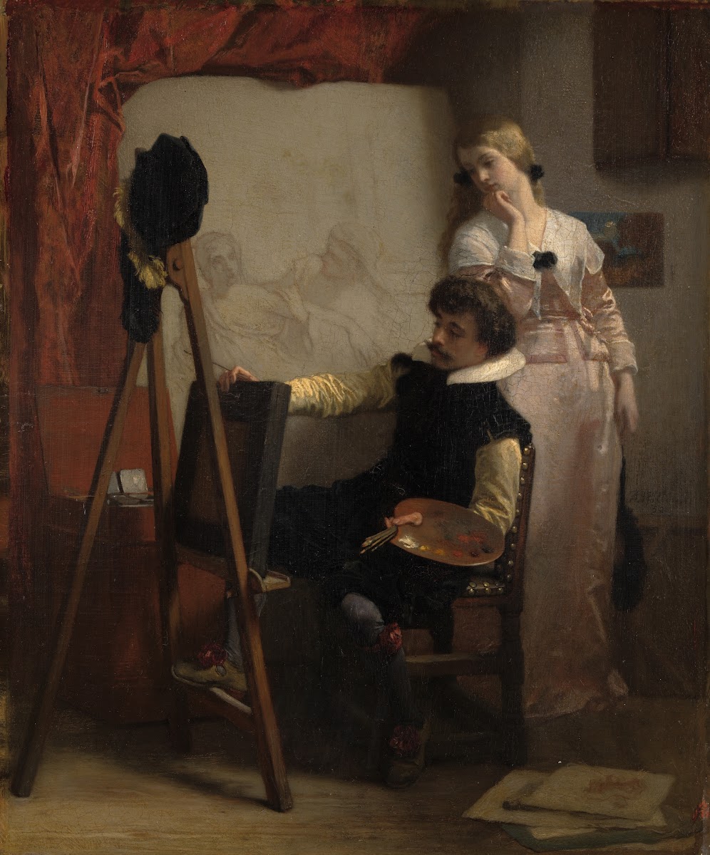 Een schilder voor zijn ezel toont een schilderij aan een meisje 1852