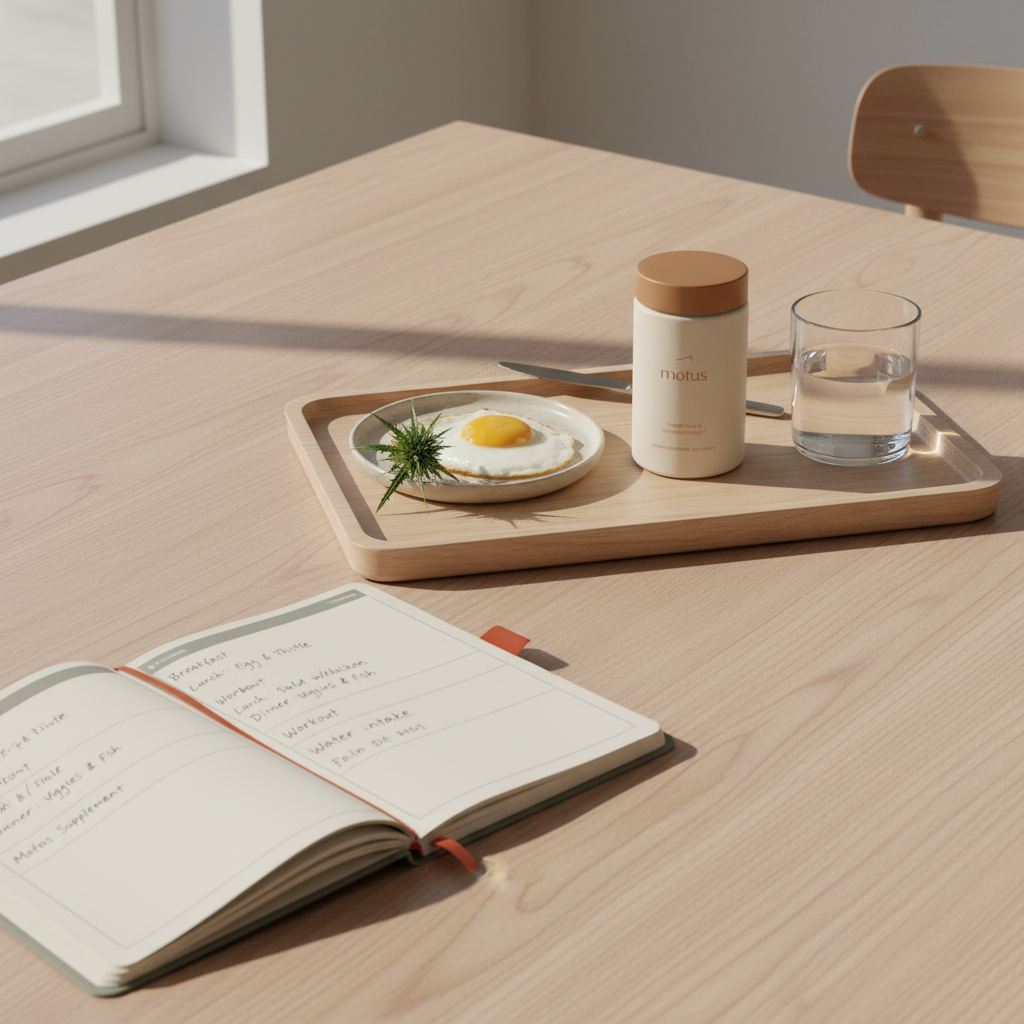 Minimal kitchen table scene with Tonum Motus supplement bottle on a wooden tray beside a plate with an egg and milk thistle, open nutrition planner and glass of water — best fat supplement