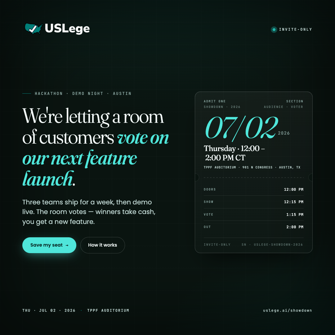 USLege Showdown hackathon, BBQ and vote on our newest features, RSVP