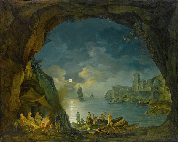 Paesaggio Notturno Con Astanti In Una Grotta Mediterranea