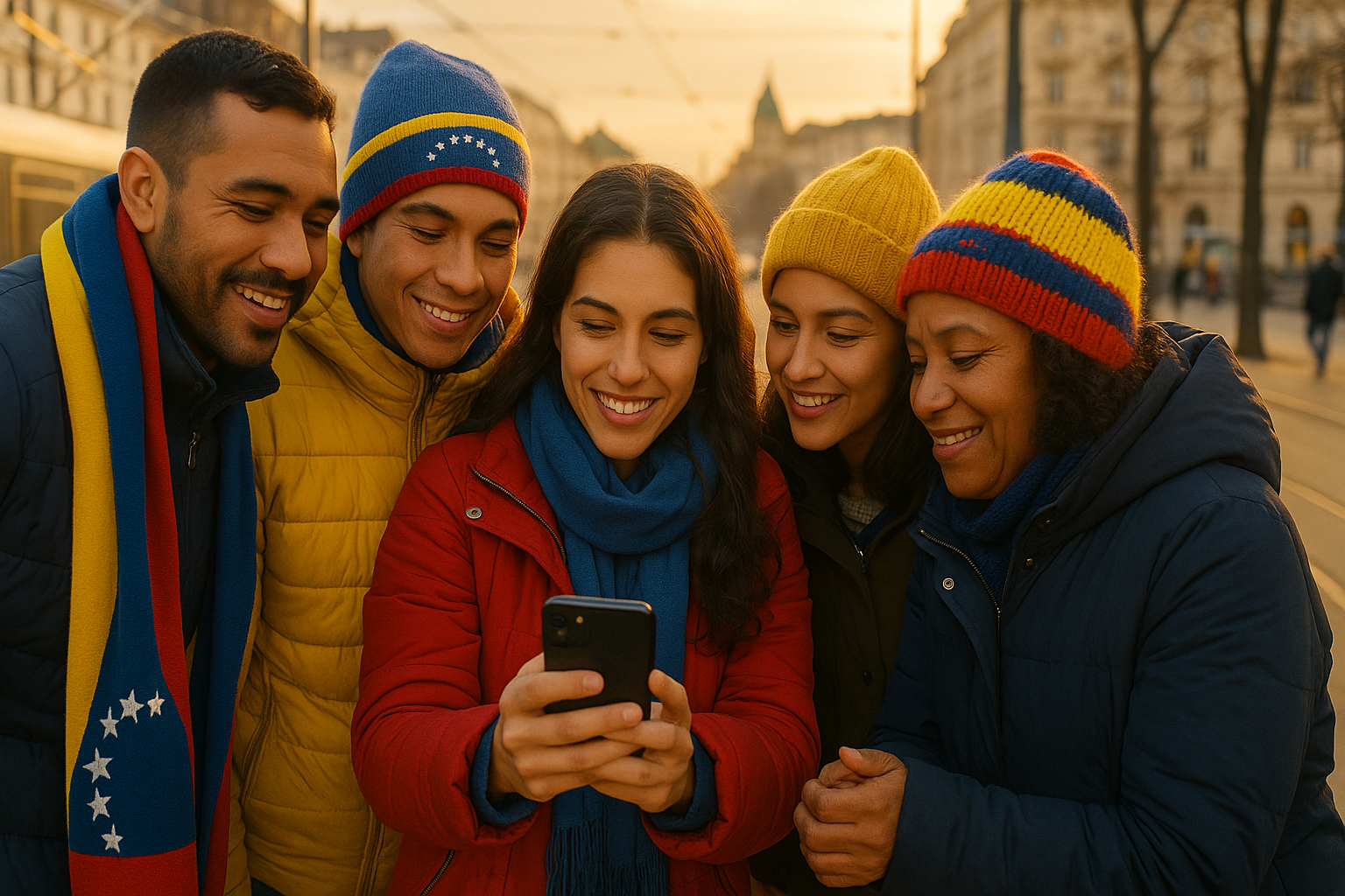 Venezolanos en el exterior colaborando en un espacio urbano, con gesto solidario